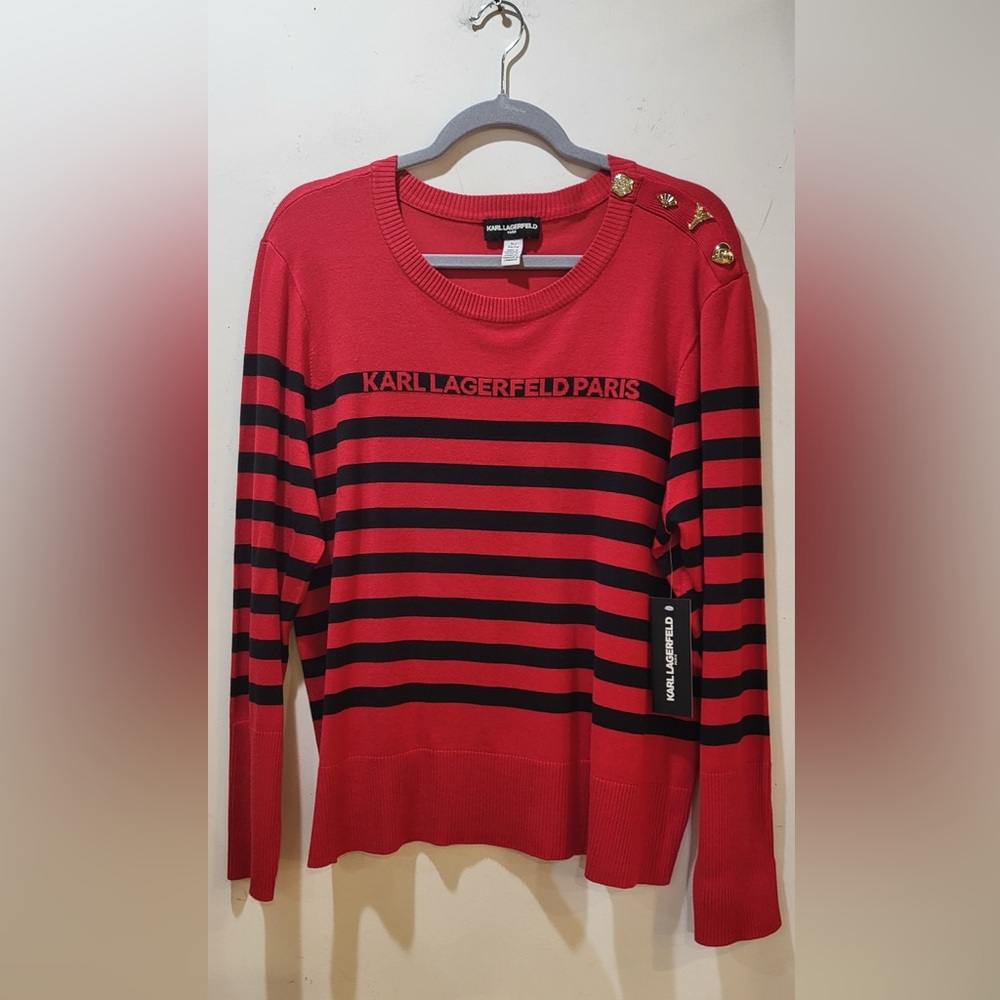 🏷️Price Drop...KARL LAGERFELD women's red and black stripe knit sweater